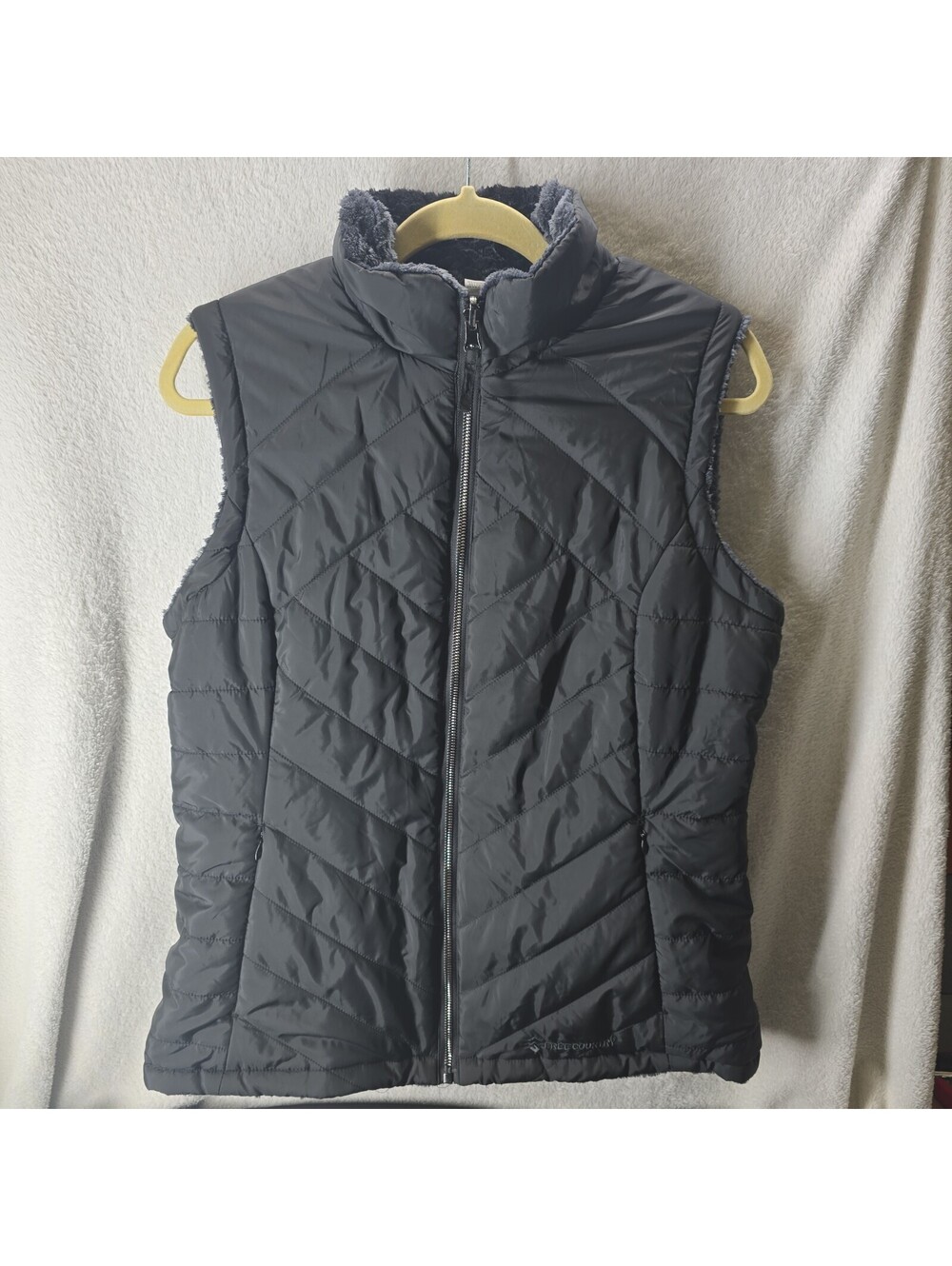 Free Country Vest Womens L Black Quilted Faux Fur Fleece Lined Full Zip Outdoor